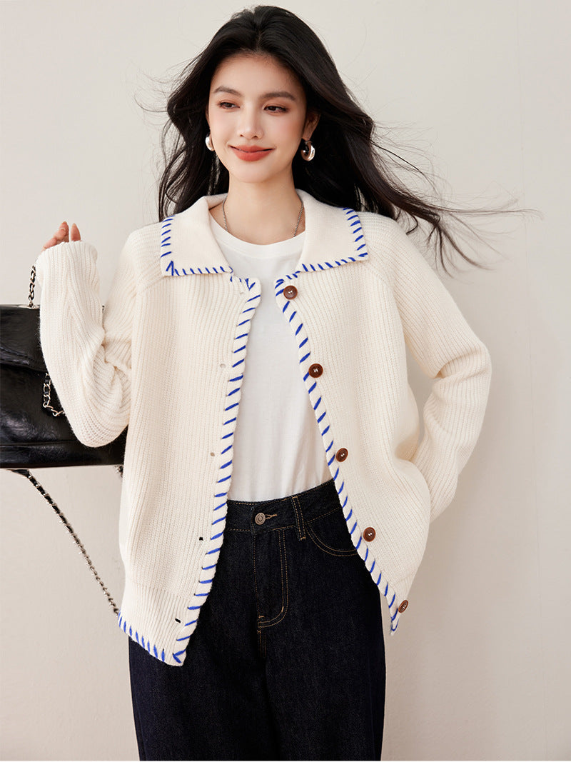 Laziness Style Color-block Loose Slim-fit Turn-down Collar Knit Sweater Coat