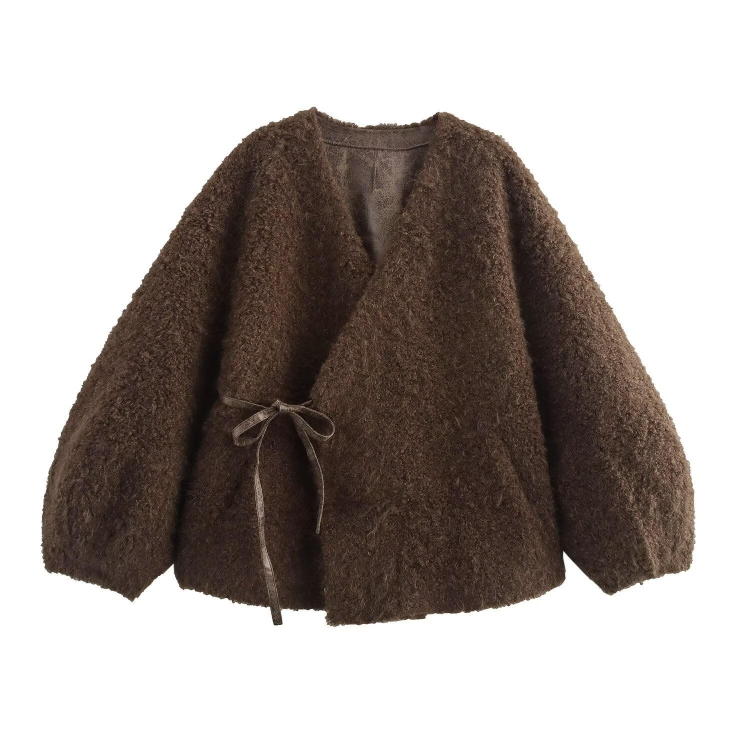 European and American autumn new style V-neck long sleeved lace up sheeproll fur one-piece coat for women