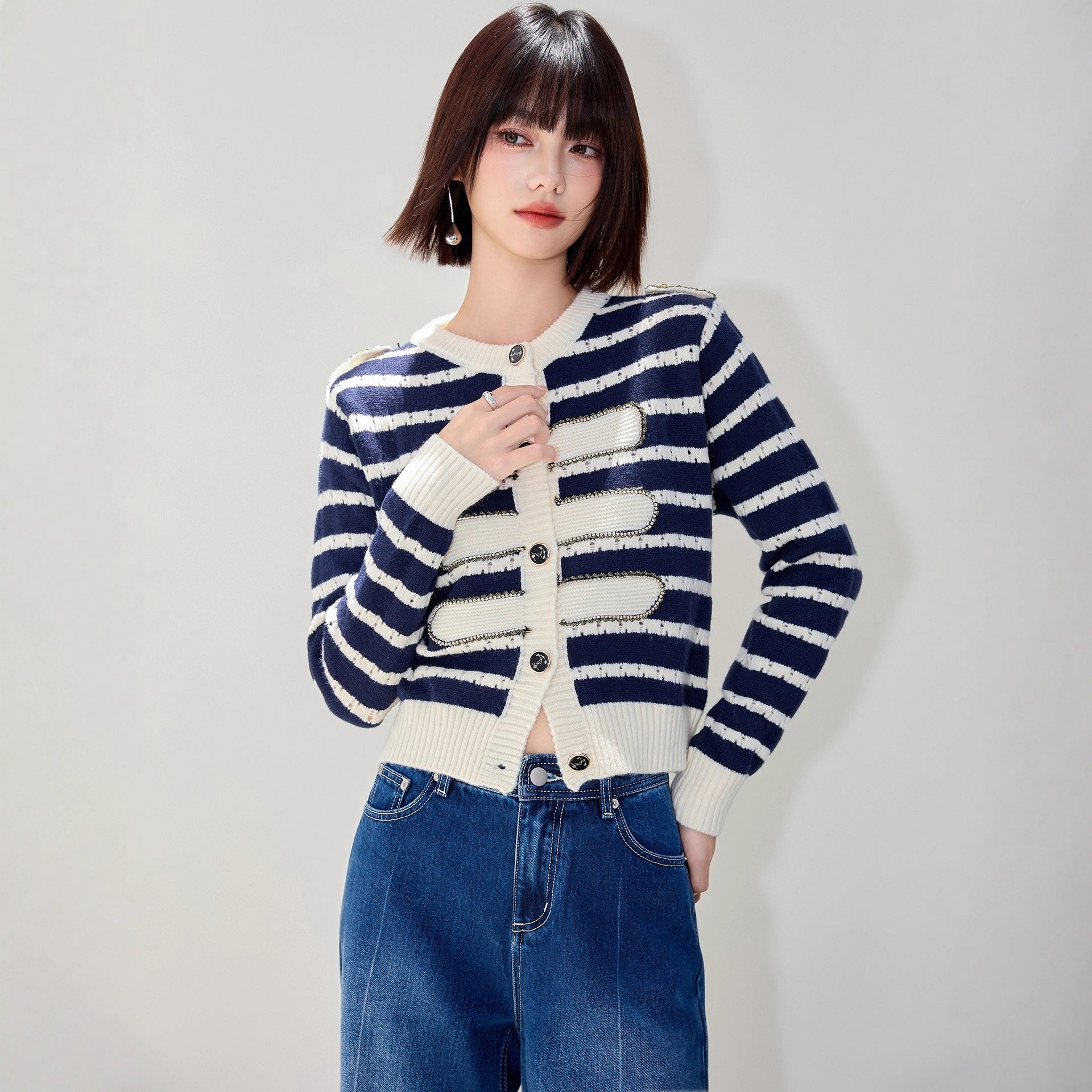 Chic Striped Rhinestone Long Sleeve Knit Cardigan Coat for Women, French Vintage Style, Elegant and Slim-Fitting Top