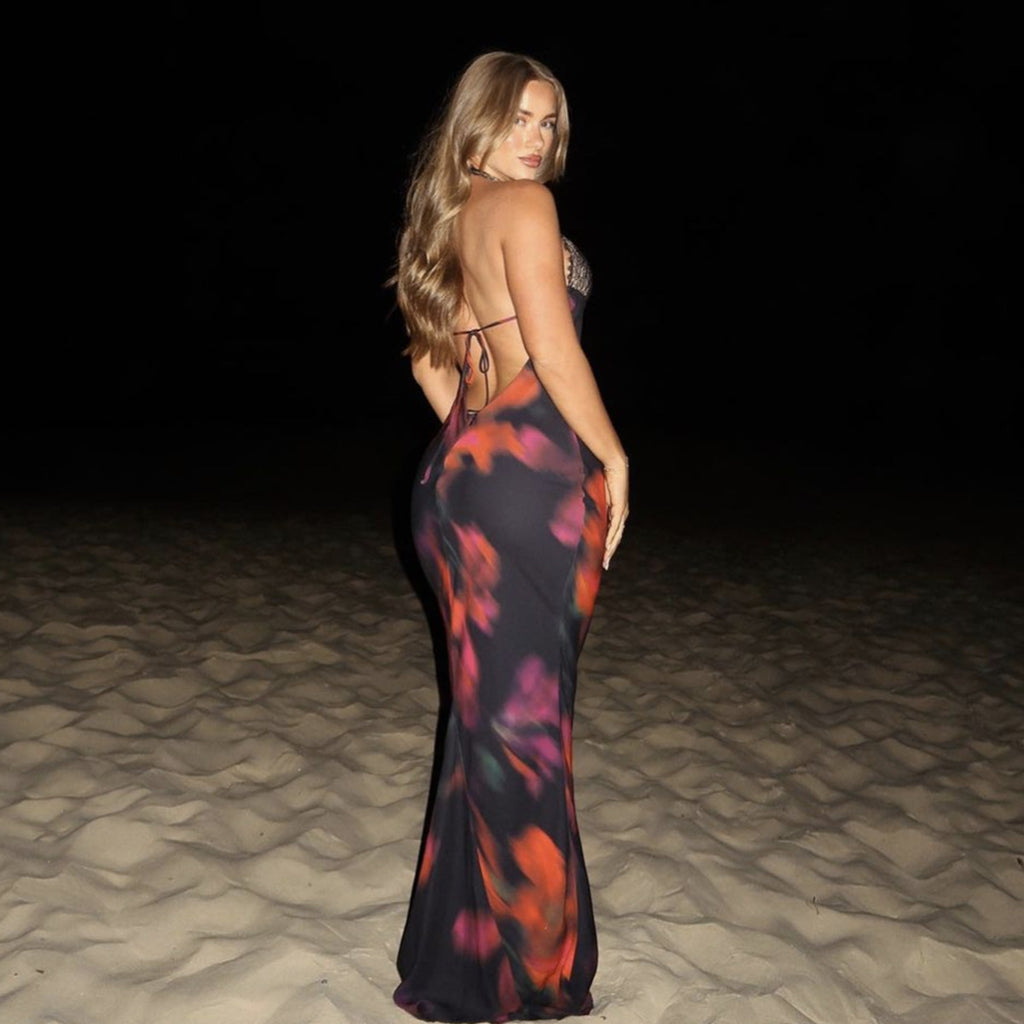 Deep V lace patchwork printed suspender slim fit backless dress for women