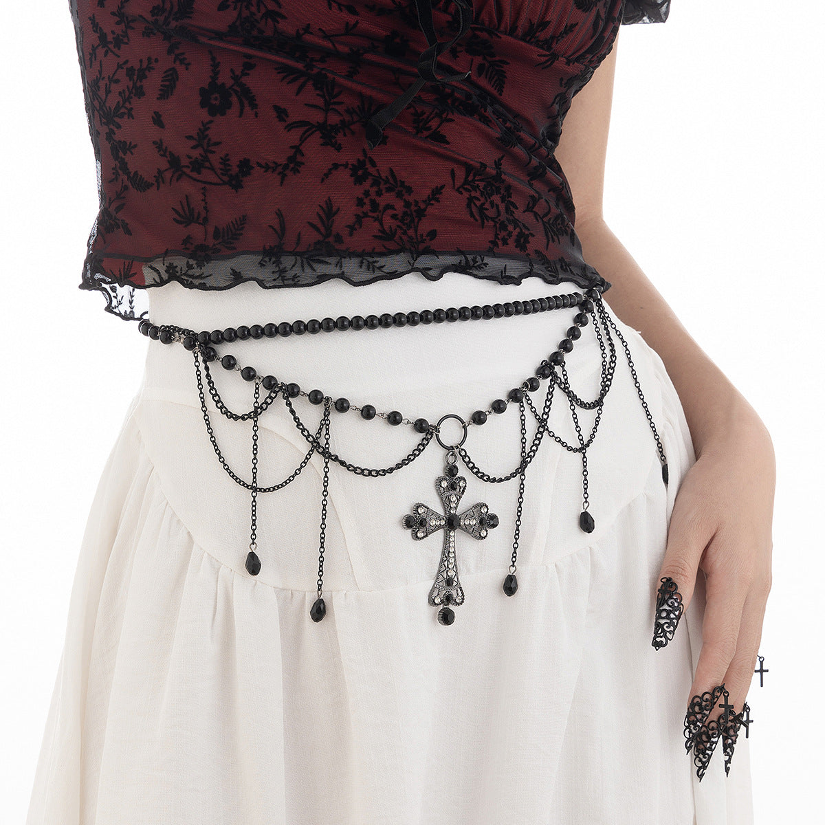 Dark Wind Cross Iron Chain Waist Chain Multi layer Versatile Tassel Crystal Body Chain Female