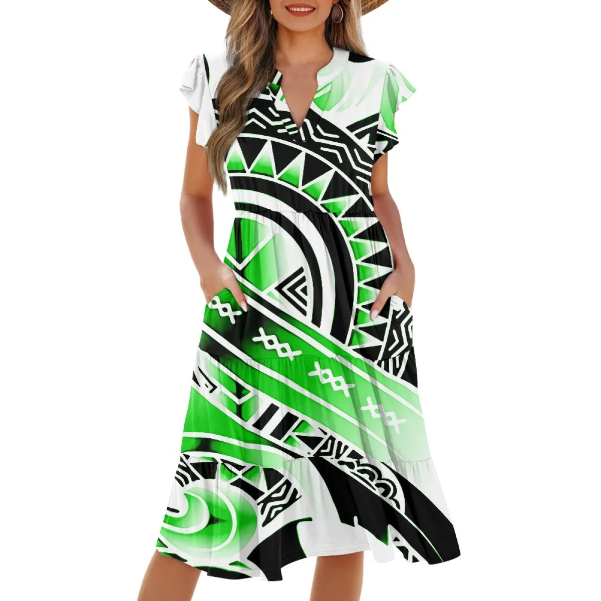 New Arrival Purple Polynesian Tiare Flower Dress Fashion Elegant Hawaiian Women Deep V Neck Pocket Waist Splicing Dress