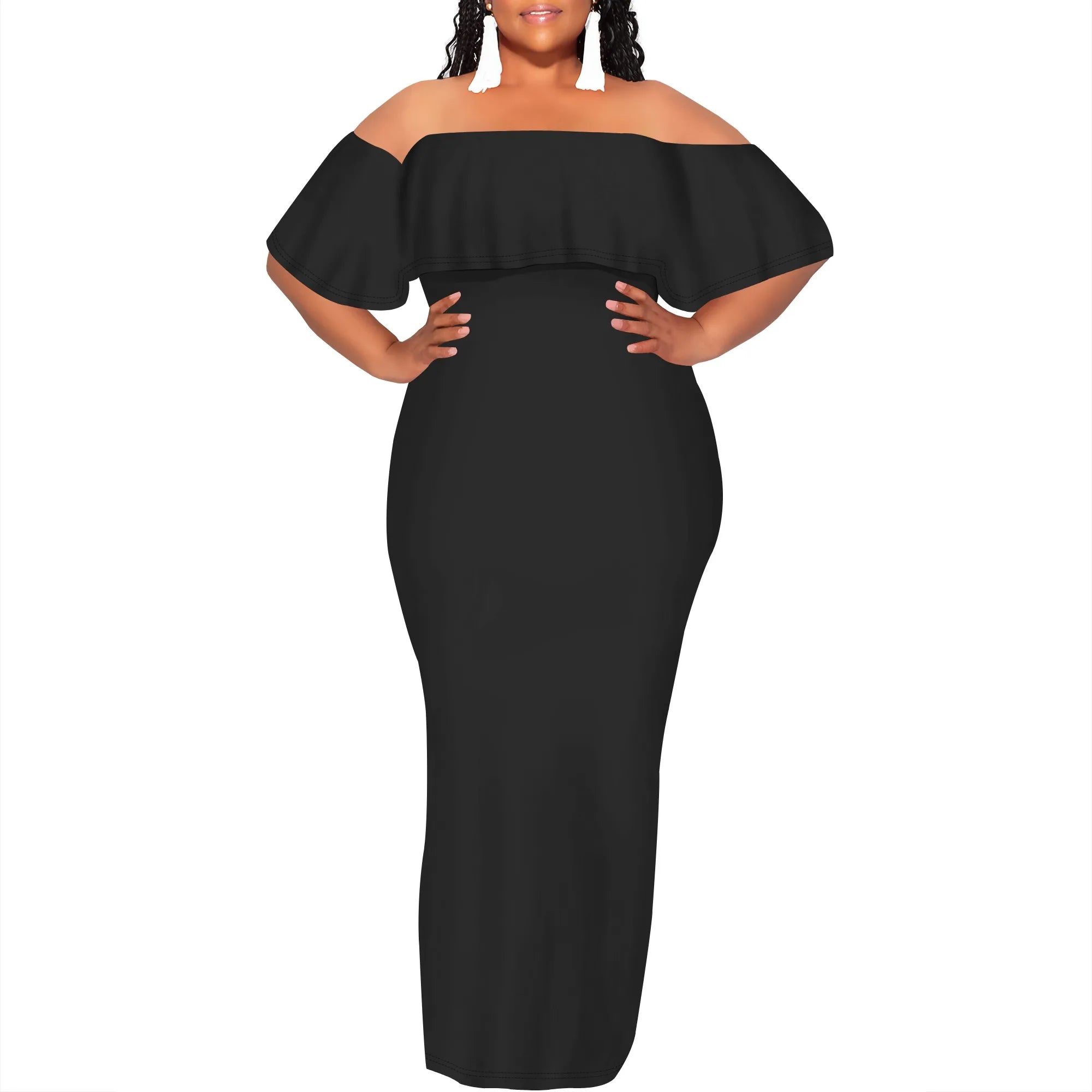 Curvy Women Casual Solid Color Off Shoulder Casual Short Sleeve Sexy Plus Size Maxi Dress Cocktail Club Party Dresses