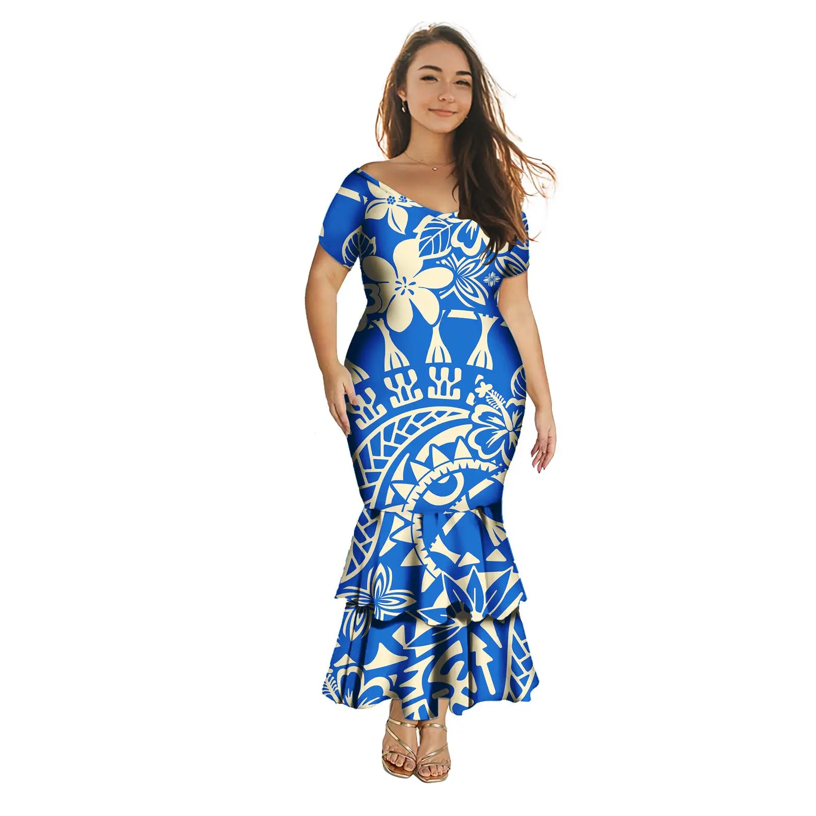 Fashion Puletasi Polynesian Dress for Women Luxury Print Maxi Mermaid Evening Dress Sexy Off Shoulder Dresses