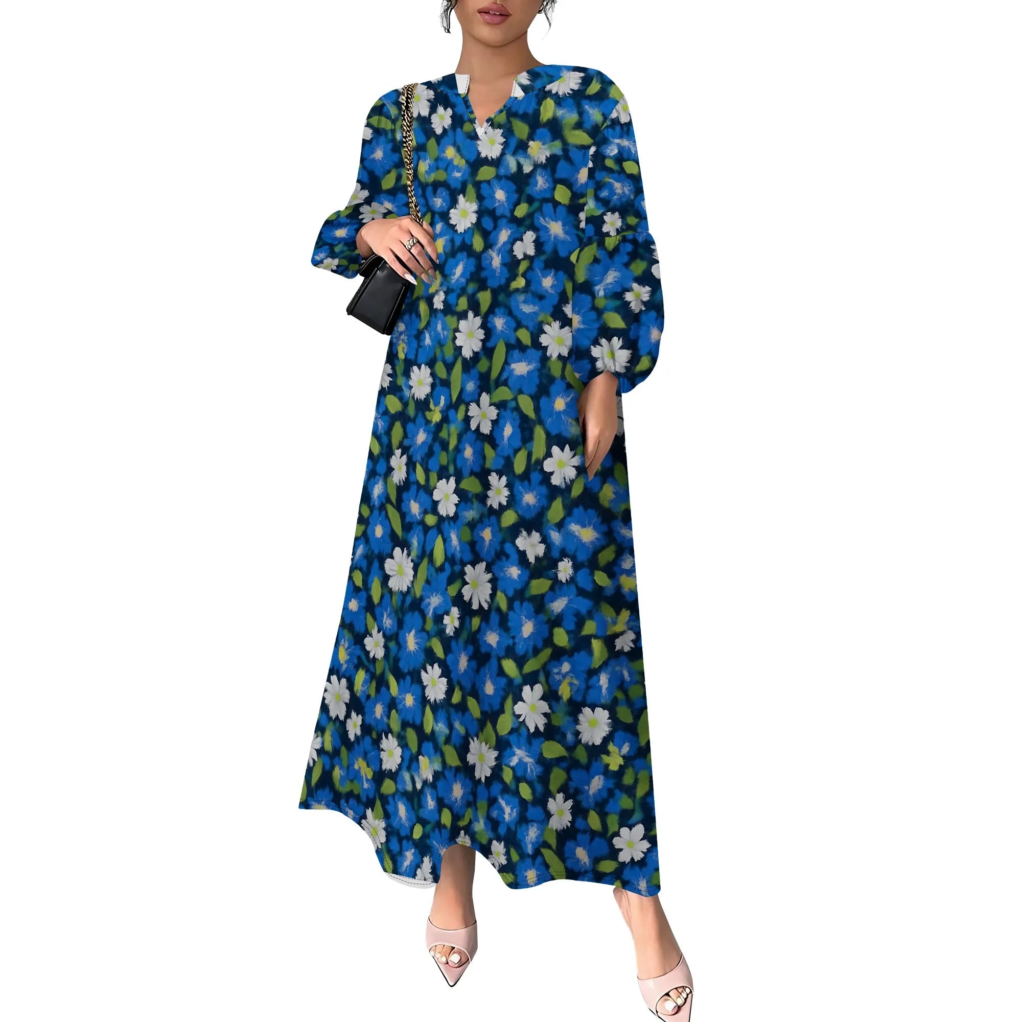 Women's Summer Boho Floral Long Sleeve V-Neck Midi Dress Casual Loose Colorful Beach Vacation Dress with Pockets