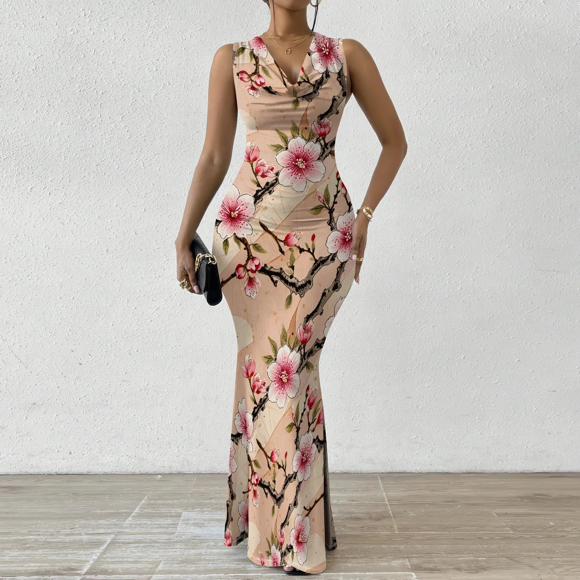 Women's Sexy V Neck Sleeveless Fitted Dress Elegant Casual Curve Pencil Skirt Cocktail Floral Print Long Evening Gown