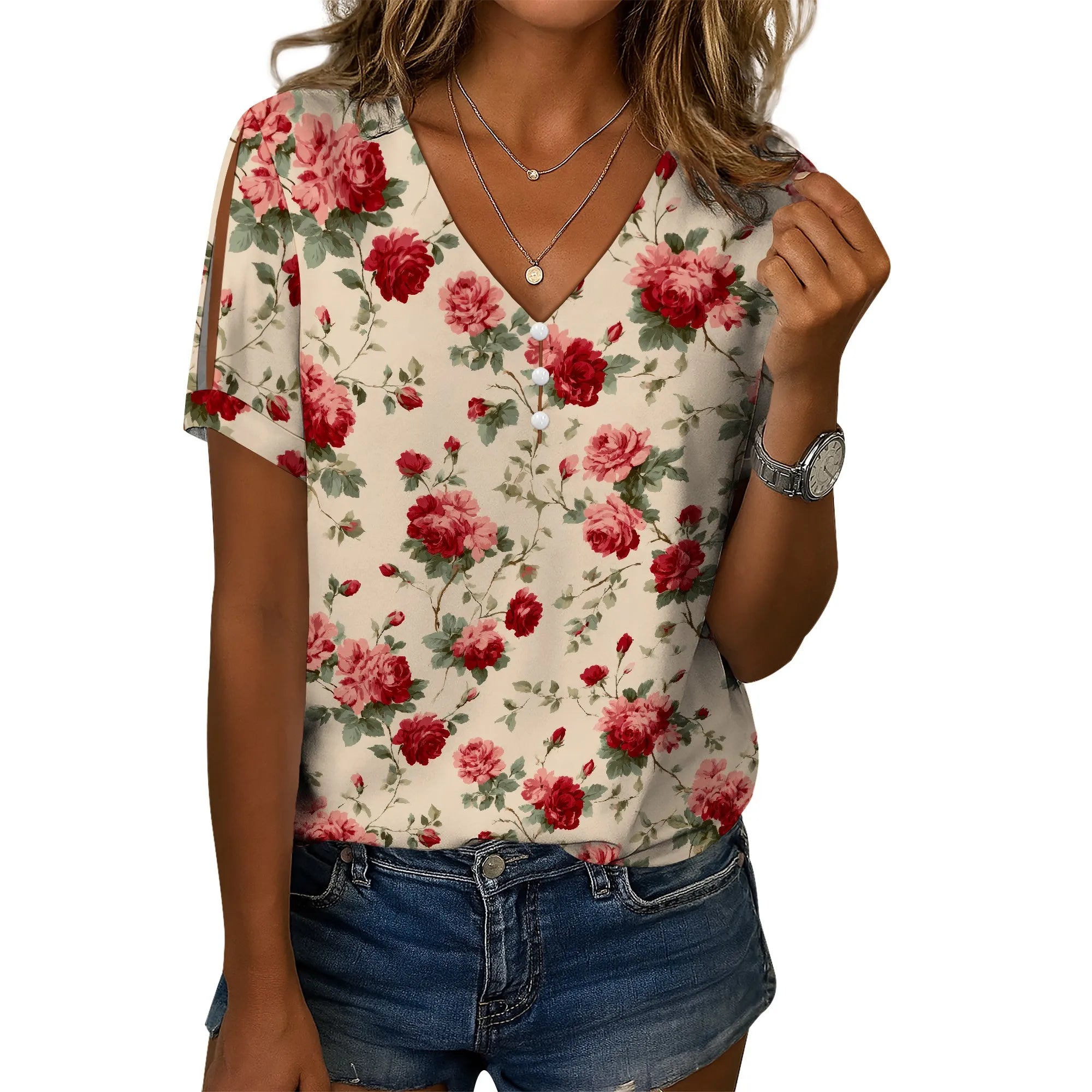 Cold Shoulder Casual Tops for Women Button Boho Floral Printed V-Neck Vintage Short Sleeve Summer T Shirts