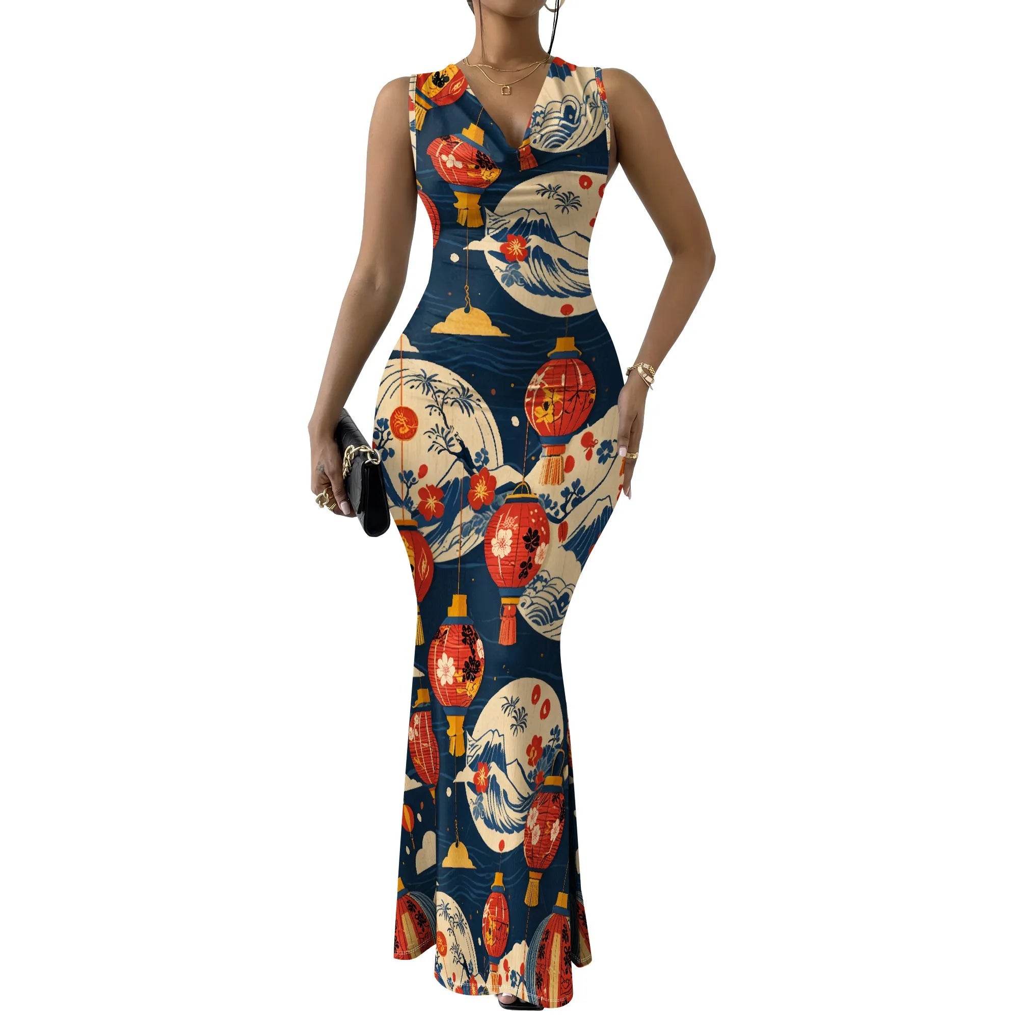 Women's Sexy V Neck Sleeveless Fitted Dress Elegant Casual Curve Pencil Skirt Cocktail Floral Print Long Evening Gown