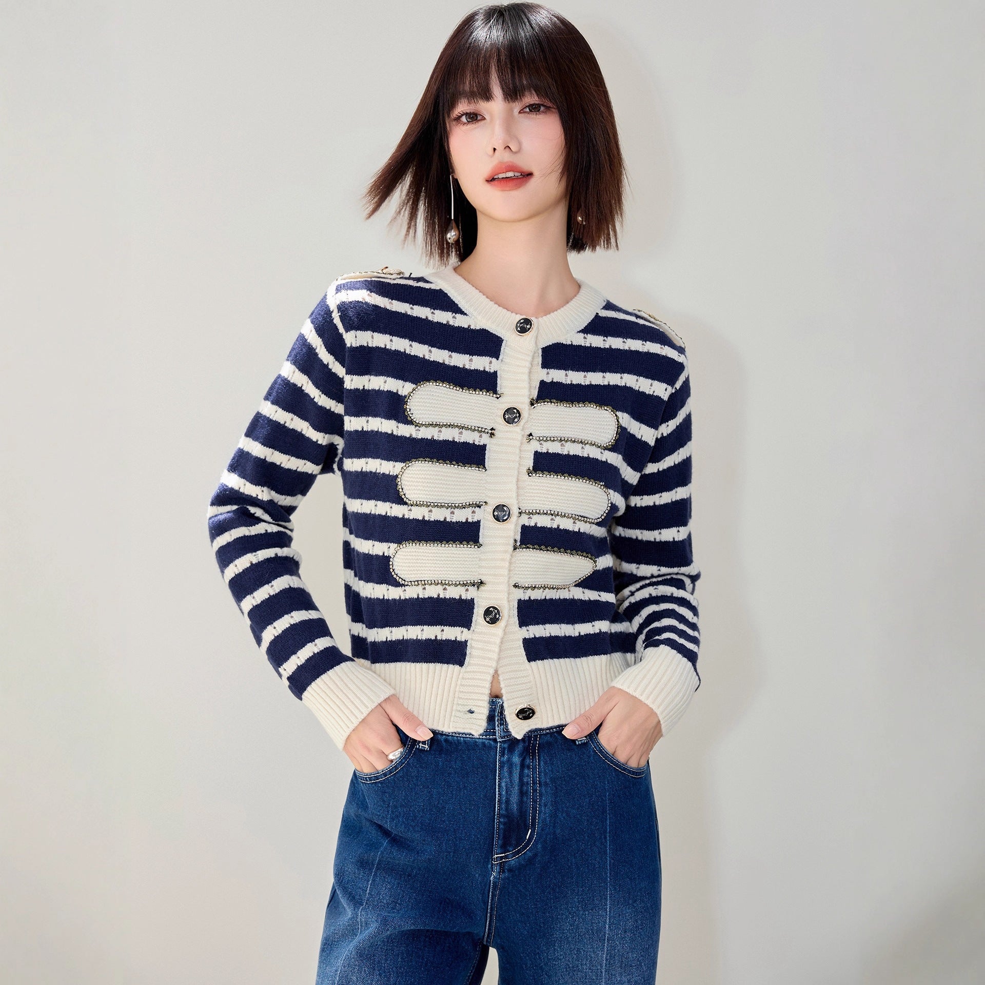 Chic Striped Rhinestone Long Sleeve Knit Cardigan Coat for Women, French Vintage Style, Elegant and Slim-Fitting Top