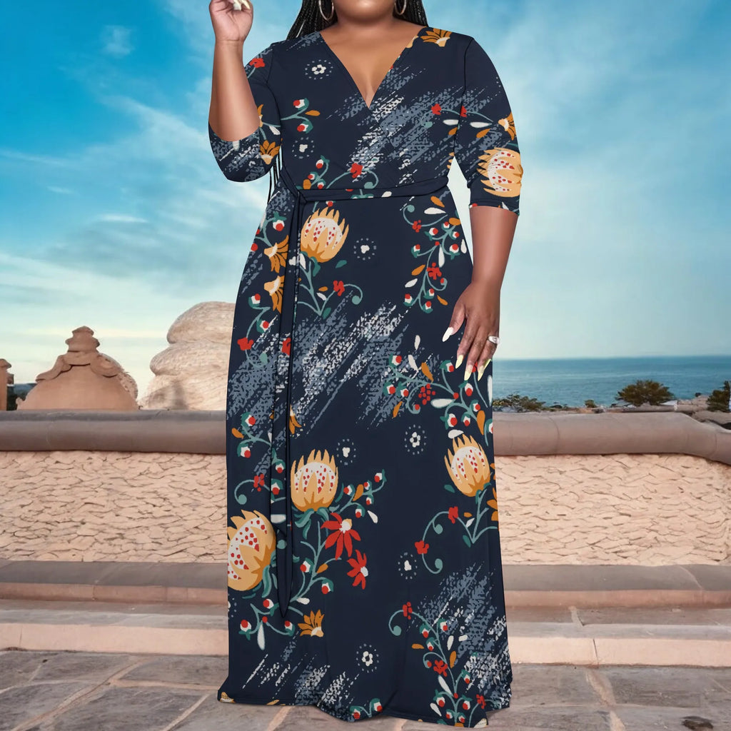 Plus Size Women's V-Neck Half Sleeve Abstract Floral Maxi Dress Elegant Summer Vacation Dress