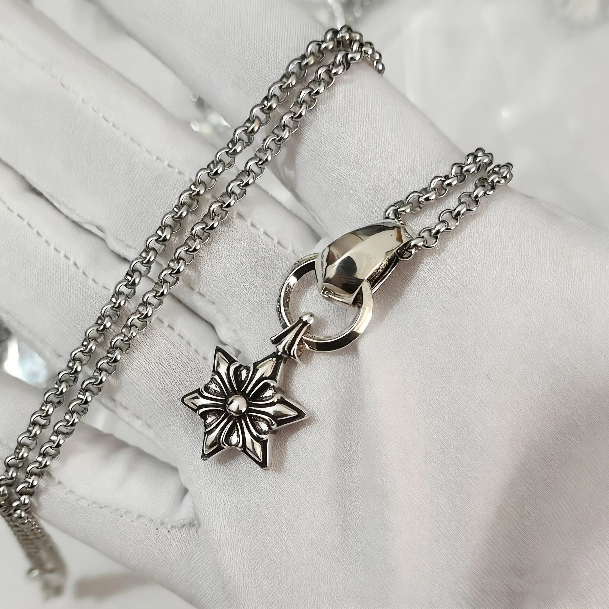 Cross necklace hexagonal star sword boat anchor pendant paired with letter flame pearl chain ﻿