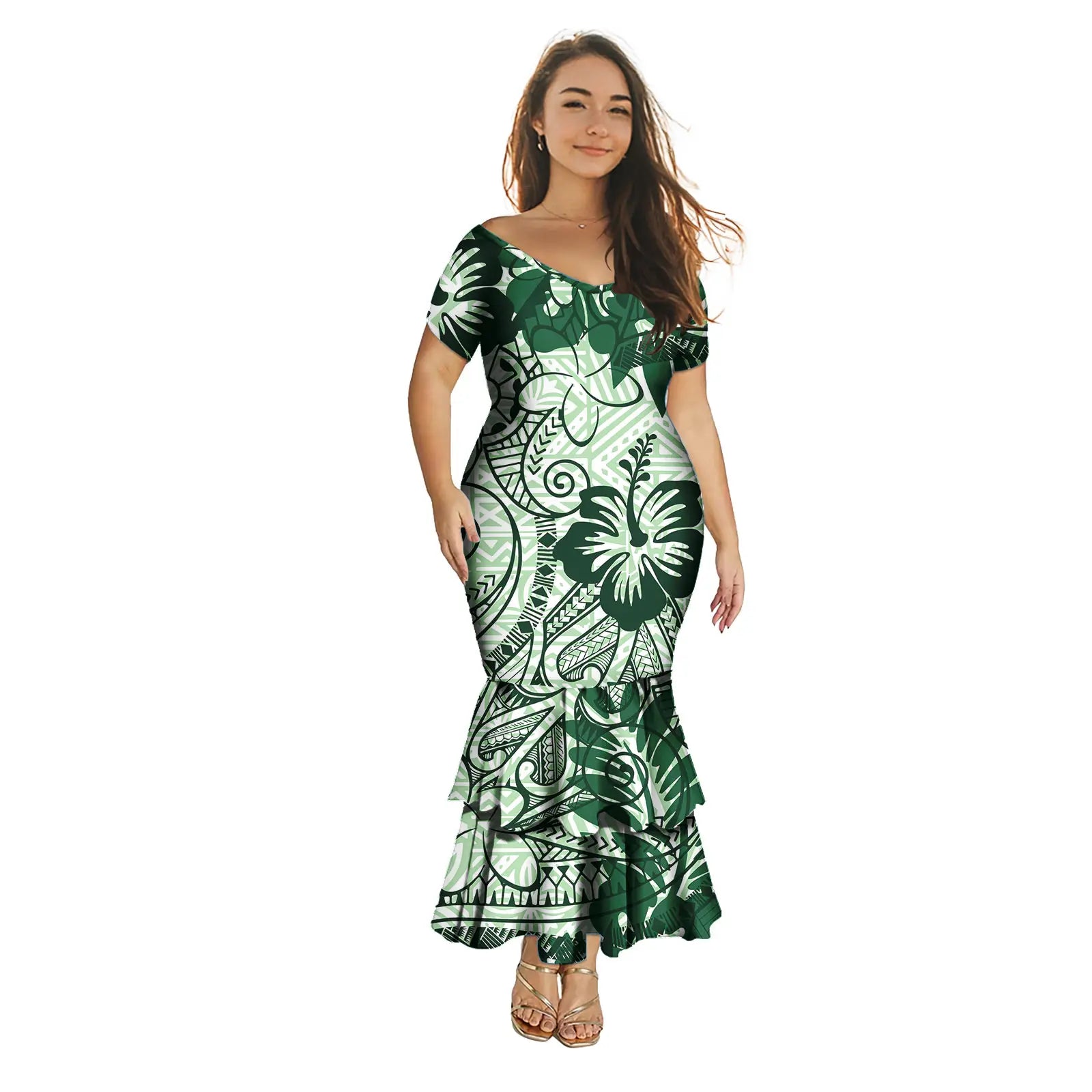 Fashion Puletasi Polynesian Dress for Women Luxury Print Maxi Mermaid Evening Dress Sexy Off Shoulder Dresses