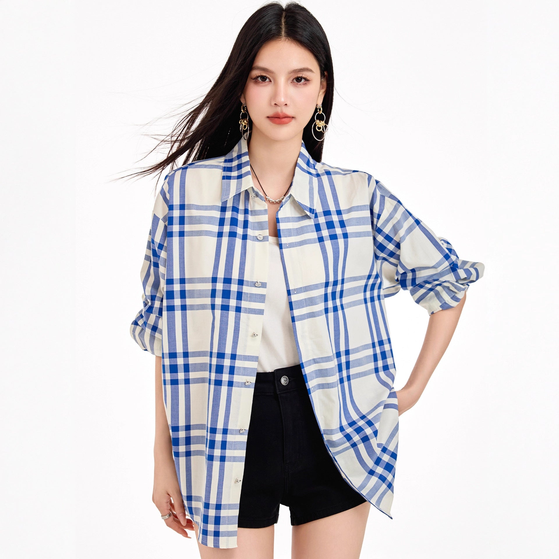 Chic Blue Checkered Shirt Jacket for Women Striped Long Sleeve BlouseRelaxed Fit, Brightening Top