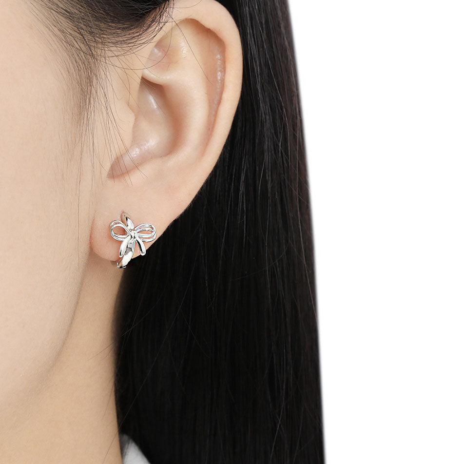 Sweet Hollow Bow-Knot 925 Sterling Silver Girl Hoop Earrings