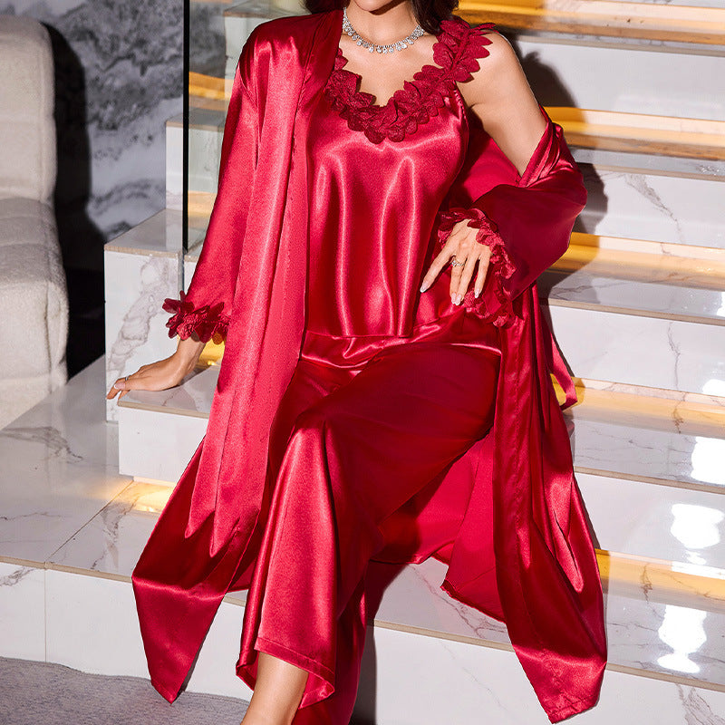 Comfortable Wearable at Home Camisole Shorts Robe Three-Piece Set