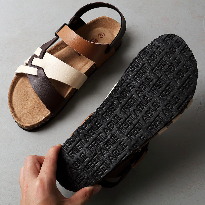 Cork Sandals Men Hollow Two-Way Men Summer Large Size Flat Sandals Beach Shoes