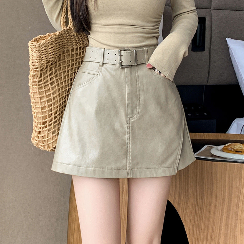 Leather Skirt Pants Women Fashion Casual PU Leather Mini Skirt High Waist A-Line Skirt Pants