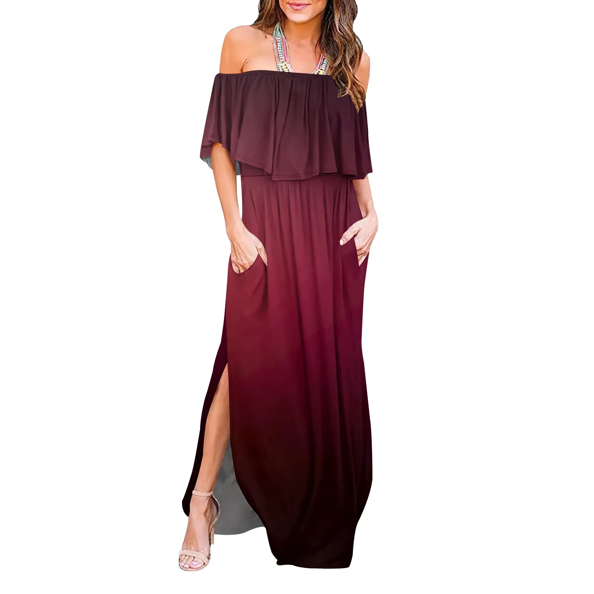 Womens Off The Shoulder Ruffle Party Dresses Side Split Beach Maxi Dress