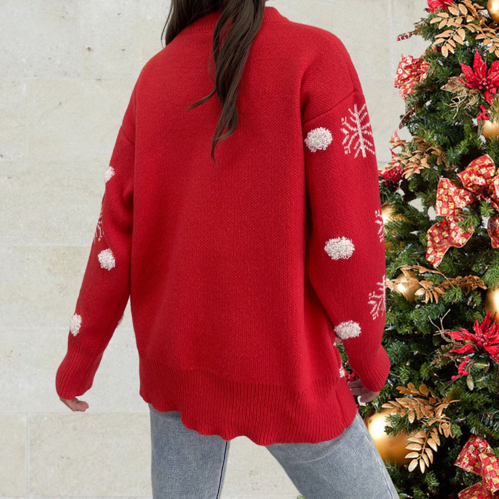 Knitted sweater top round neck Christmas red sweater for women