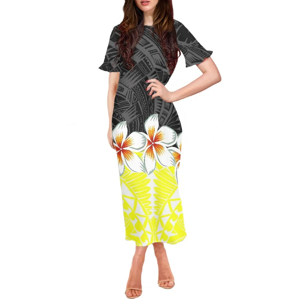 Summer Flowers Polynesian Tiare Monoi Tattoo Dress Hawaiian Style Women's Ruffle Short Sleeve Dress Casual Clothing