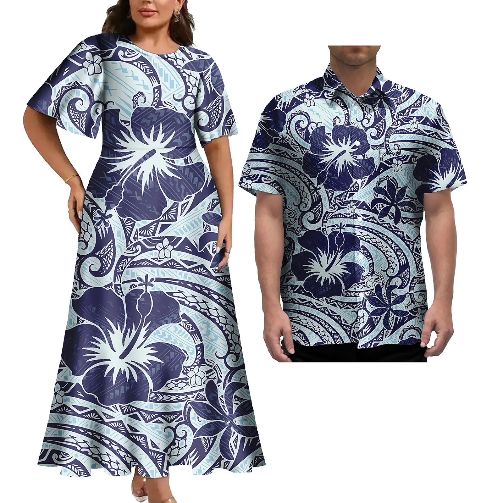 Vestido informal de talla grande para mujer con estampado tropical polinesio, estilo isleño, con camisa hawaiana a juego para hombre. 