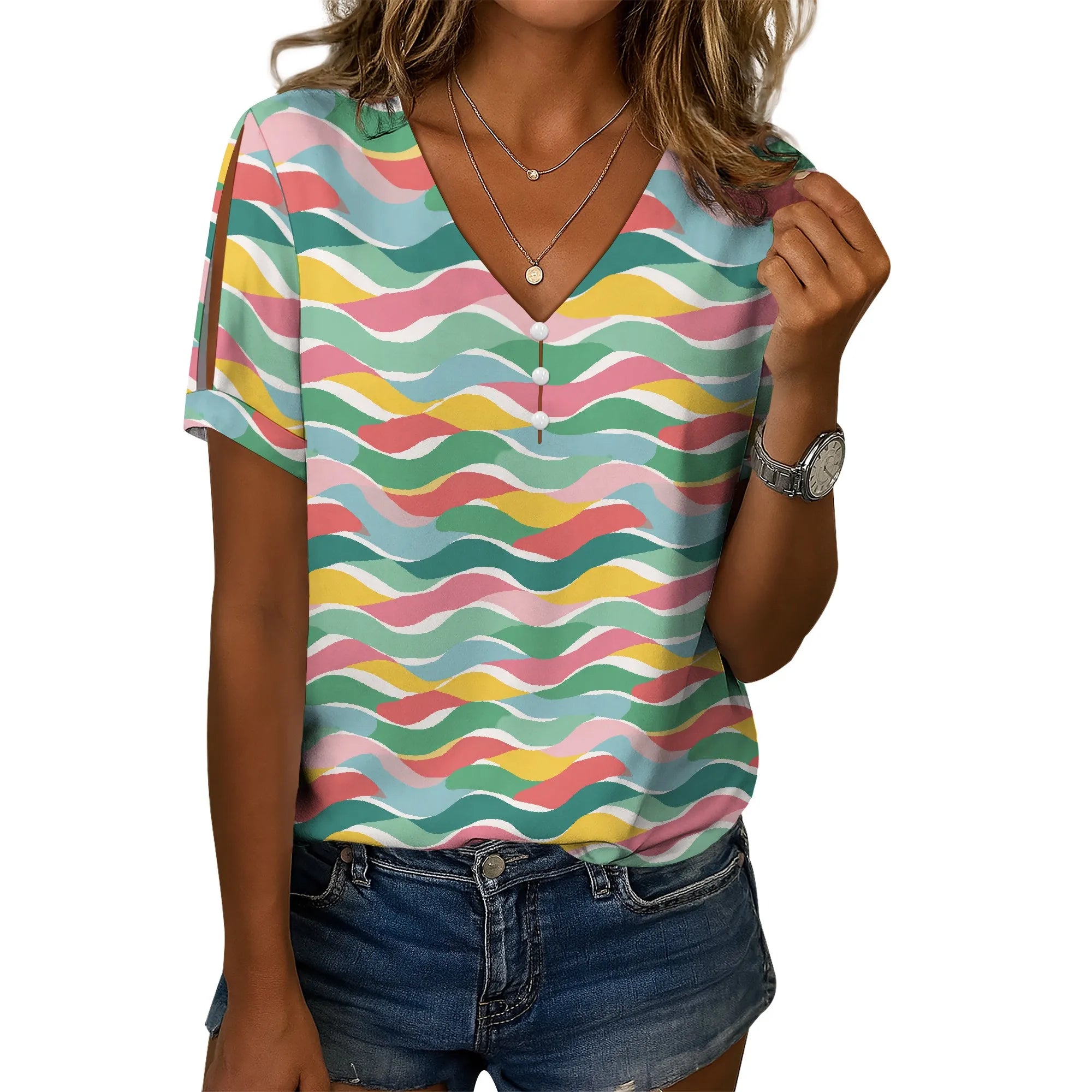 Cold Shoulder Casual Tops for Women Button Boho Floral Printed V-Neck Vintage Short Sleeve Summer T Shirts