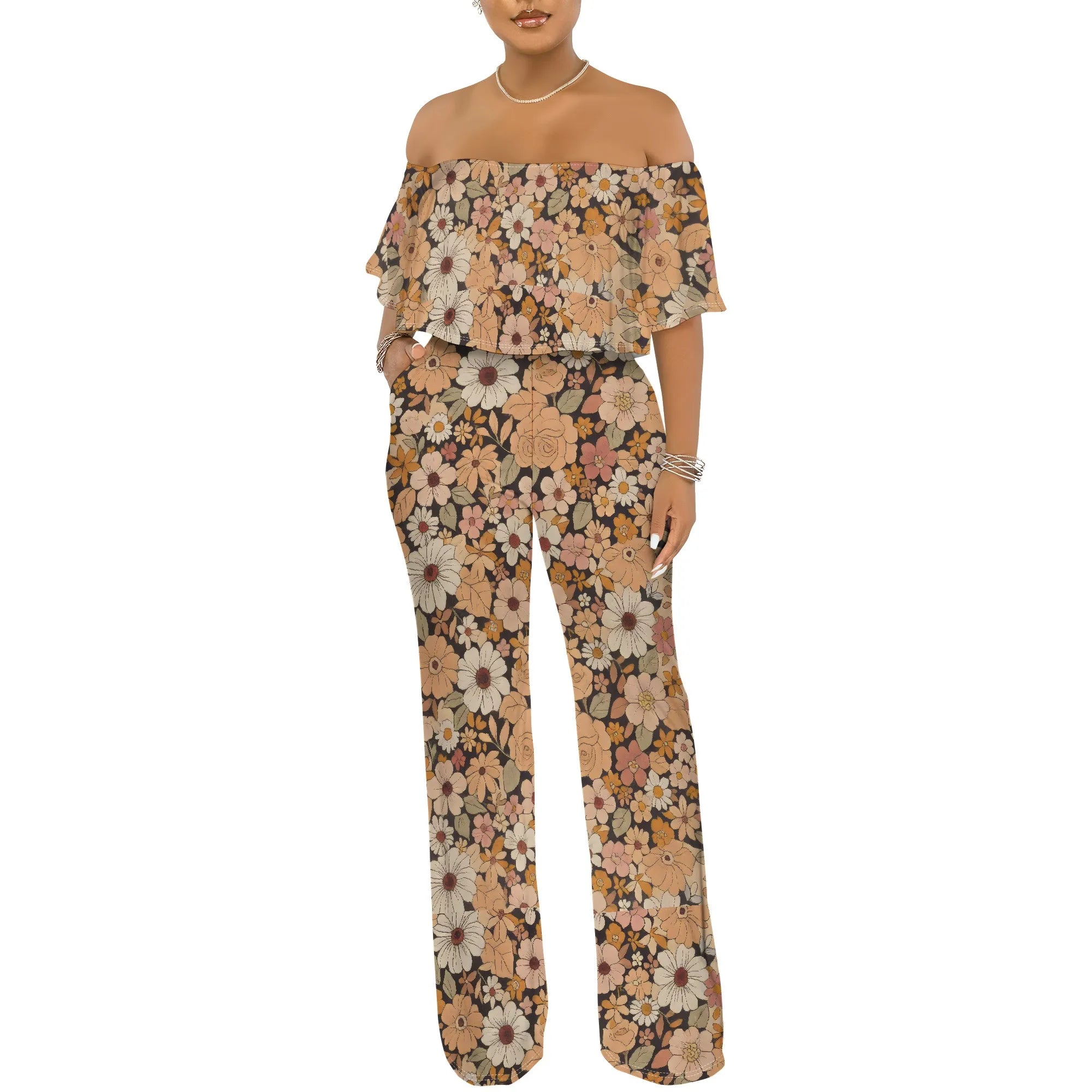 Off Shoulder Tube Top Ruffle Floral Print Jumpsuits for Women Wide Leg Pants Club Party Outfits Jumpsuit with Pockets