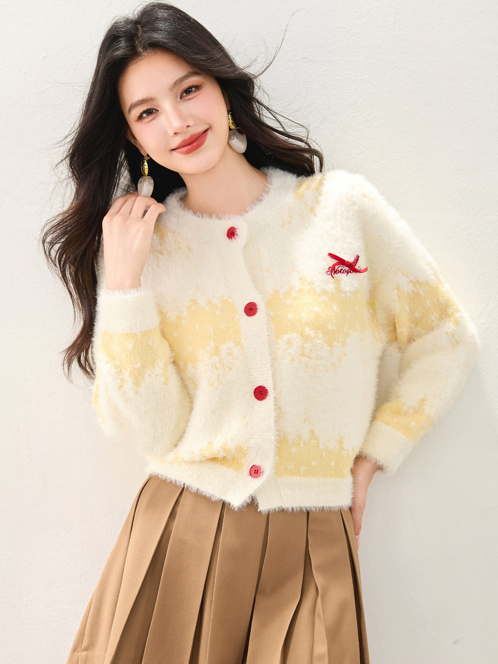 Cute Butter Yellow Long Hair Gradient Stripe Lazy Style Cardigan Sweater, Loose Fit, Bow Detail, Casual Fashion