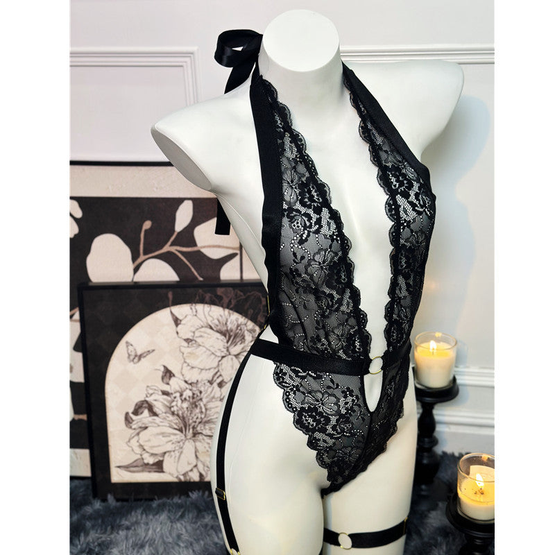 Purple Sexy Lace Bodysuit with Deep V-Neck and Shoulder Straps, Shapewear Set with Garter Belts