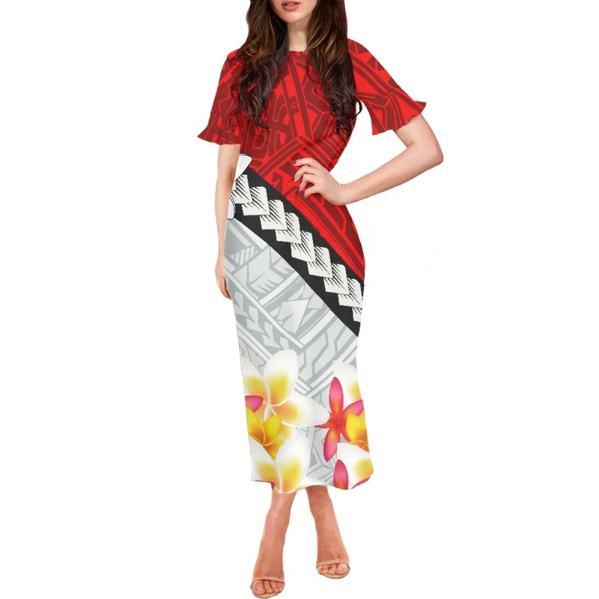 Summer Flowers Polynesian Tiare Monoi Tattoo Dress Hawaiian Style Women's Ruffle Short Sleeve Dress Casual Clothing