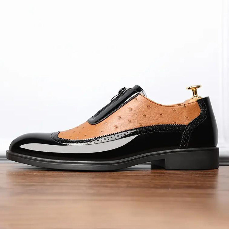 Chaussures Chelsea pour homme en cuir brillant à bout pointu et fermeture éclair en relief