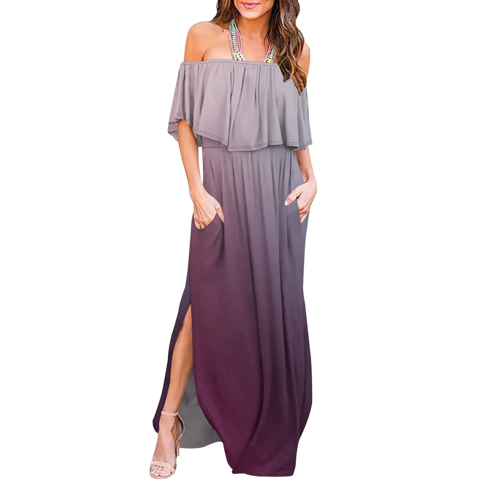 Womens Off The Shoulder Ruffle Party Dresses Side Split Beach Maxi Dress