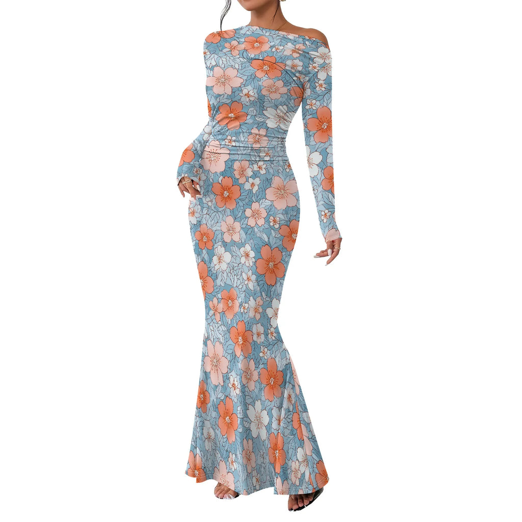 Vestido largo ajustado con cuello redondo y fruncido para mujer, manga larga, corte entallado, elegante, acampanado, para noche, cóctel o fiesta. 