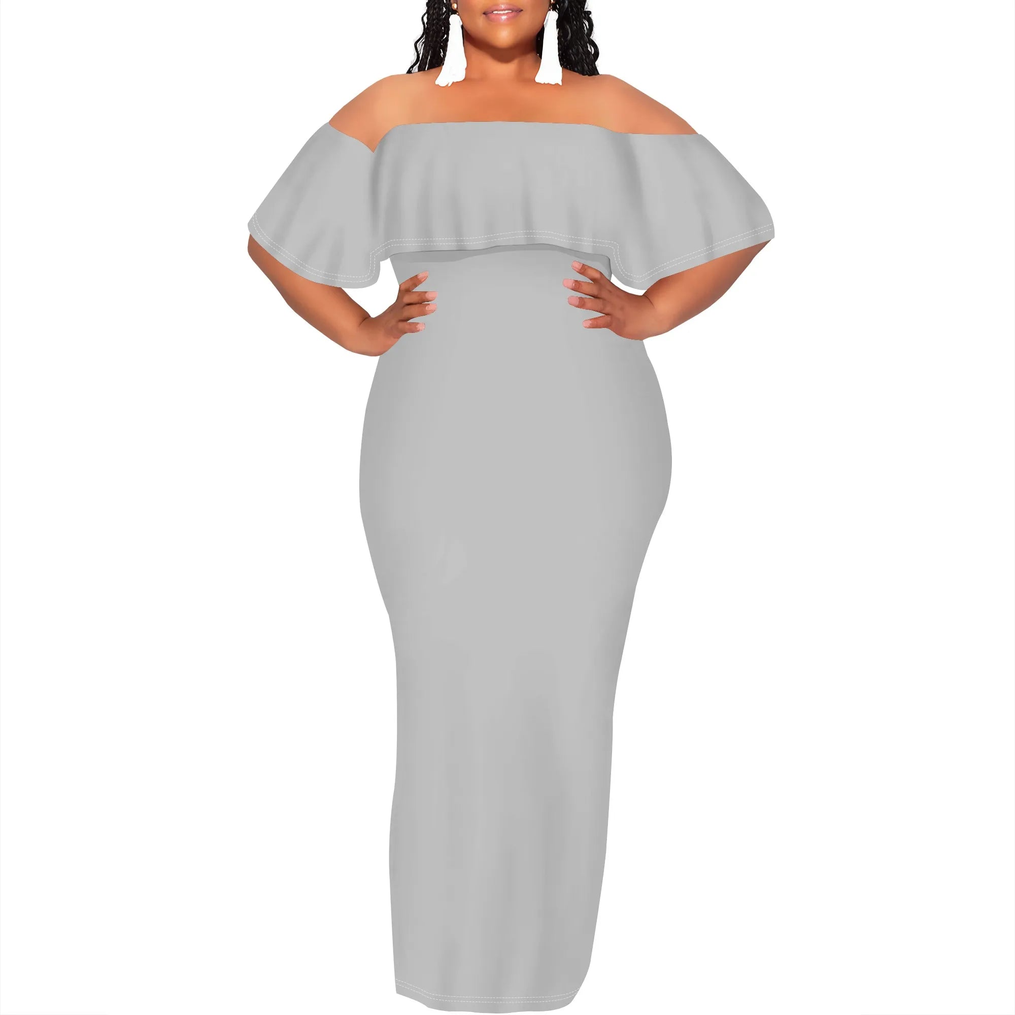 Curvy Women Casual Solid Color Off Shoulder Casual Short Sleeve Sexy Plus Size Maxi Dress Cocktail Club Party Dresses