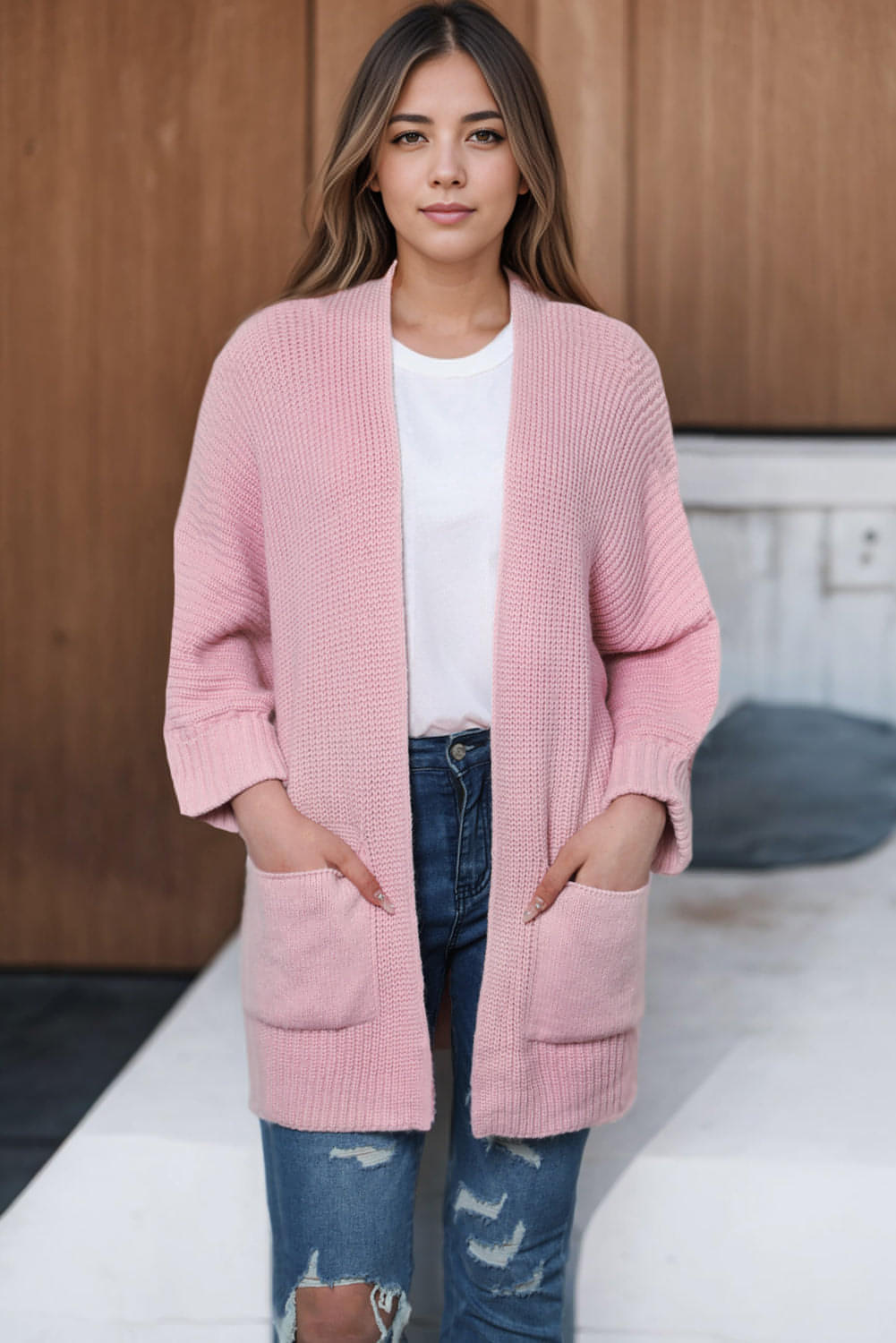 Pink Oversized Fold Over Sleeve Open Front Cardigan.