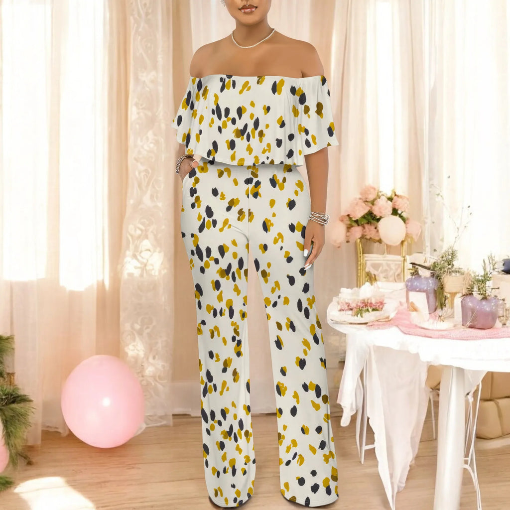 Off Shoulder Tube Top Ruffle Floral Print Jumpsuits for Women Wide Leg Pants Club Party Outfits Jumpsuit with Pockets