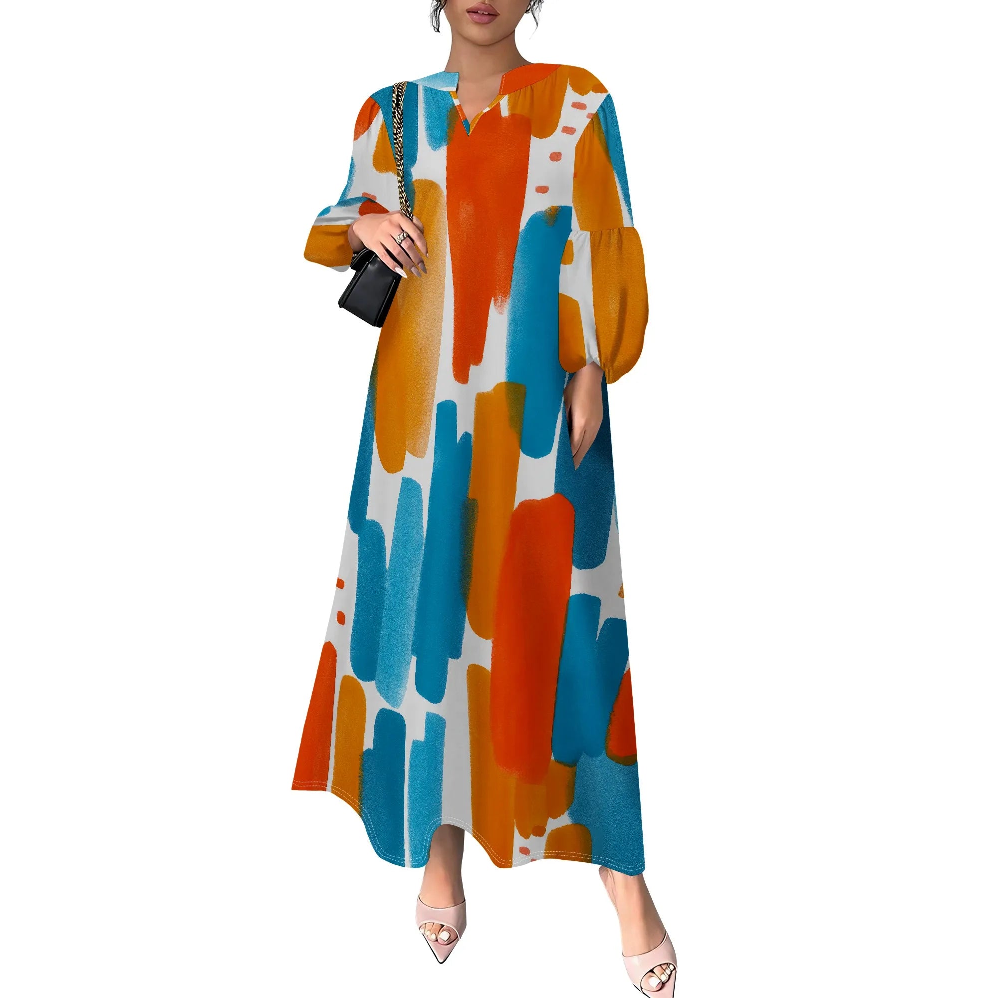 Women's Summer Boho Floral Long Sleeve V-Neck Midi Dress Casual Loose Colorful Beach Vacation Dress with Pockets