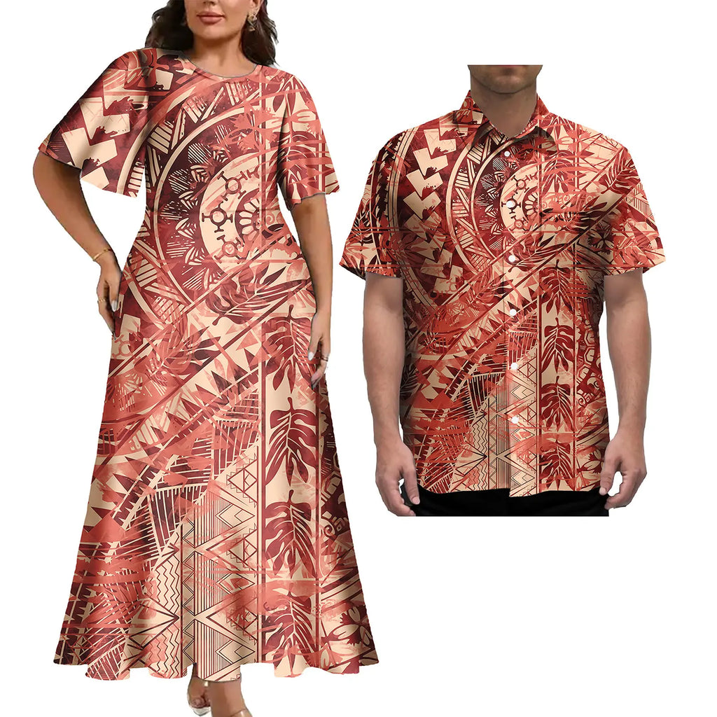 Vestido informal de talla grande para mujer con estampado tropical polinesio, estilo isleño, con camisa hawaiana a juego para hombre. 