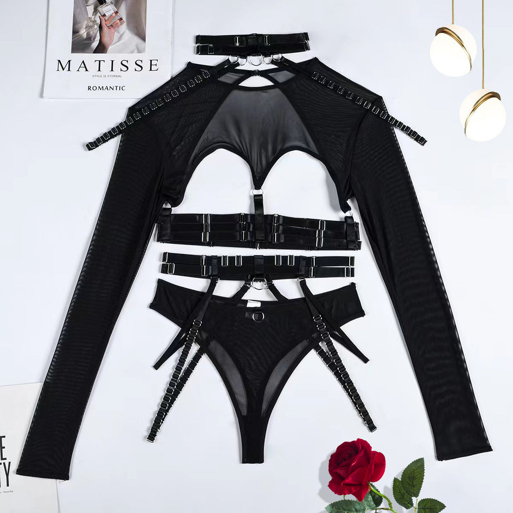 Complex Strap Halter Waistband Mesh Long Sleeve Sexy Women's Four-Piece Set