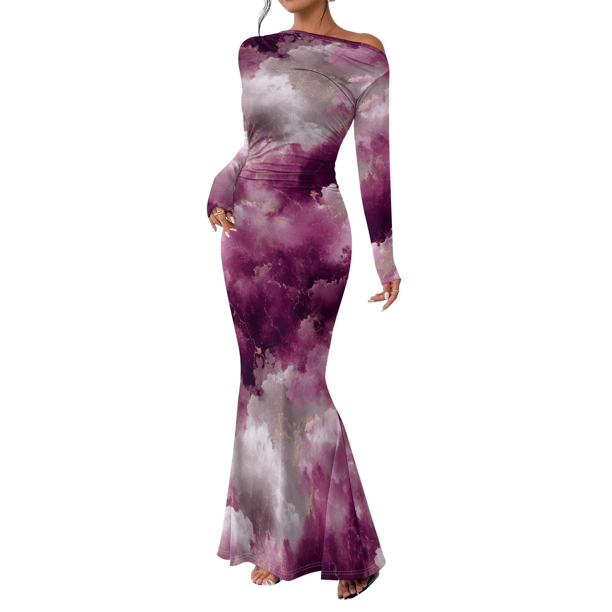 Women's Crew Neck Ruched Bodycon Maxi Dress Long Sleeve Slim Fit Elegant Flared Evening Cocktail Party Dresses