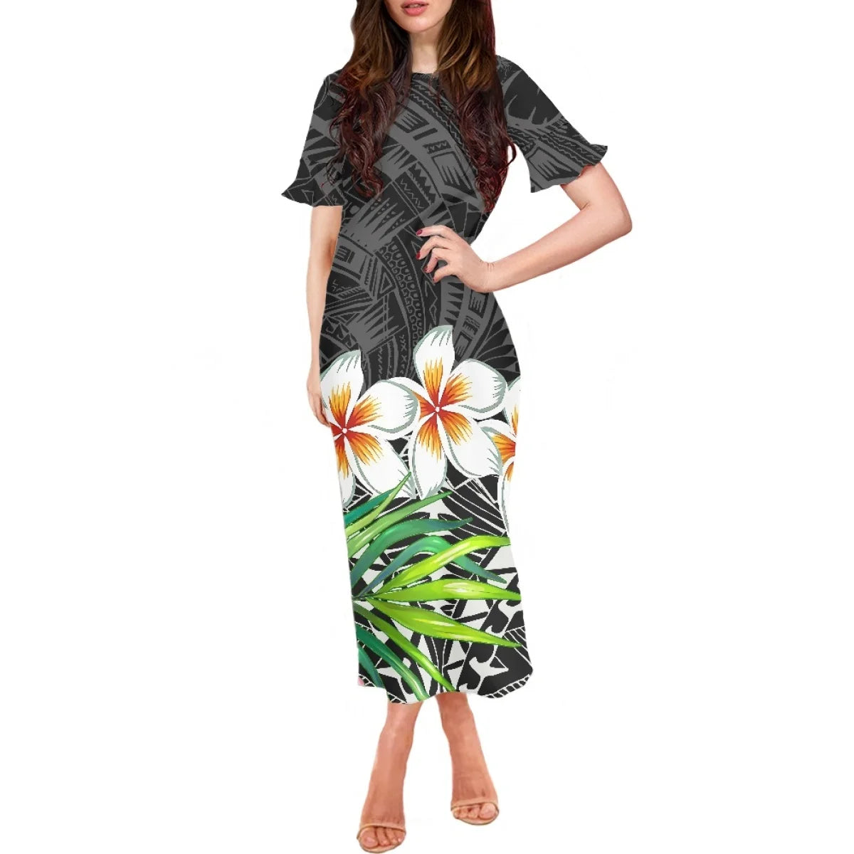 Summer Flowers Polynesian Tiare Monoi Tattoo Dress Hawaiian Style Women's Ruffle Short Sleeve Dress Casual Clothing