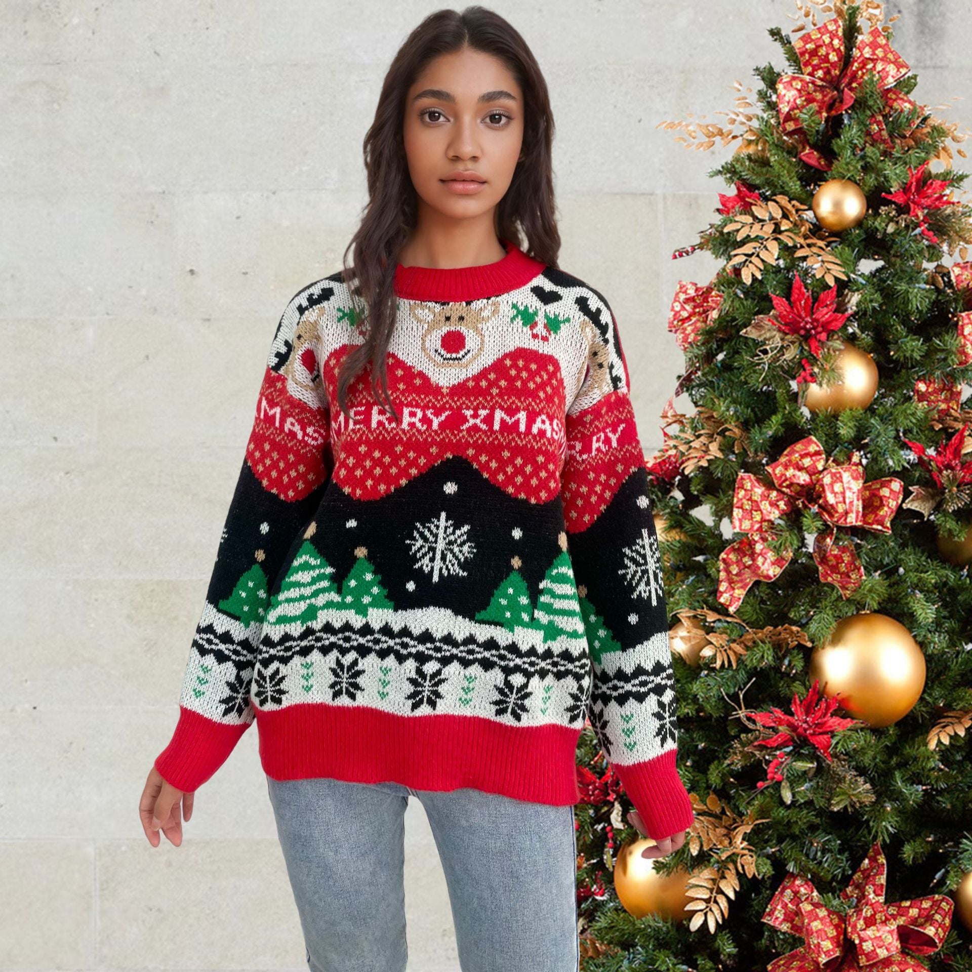 Loose sweater women's retro lazy style knitted Christmas top
