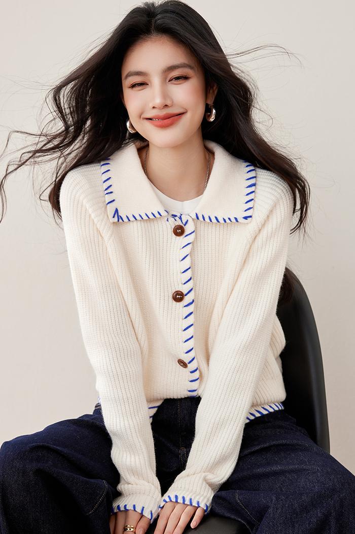 Laziness Style Color-block Loose Slim-fit Turn-down Collar Knit Sweater Coat