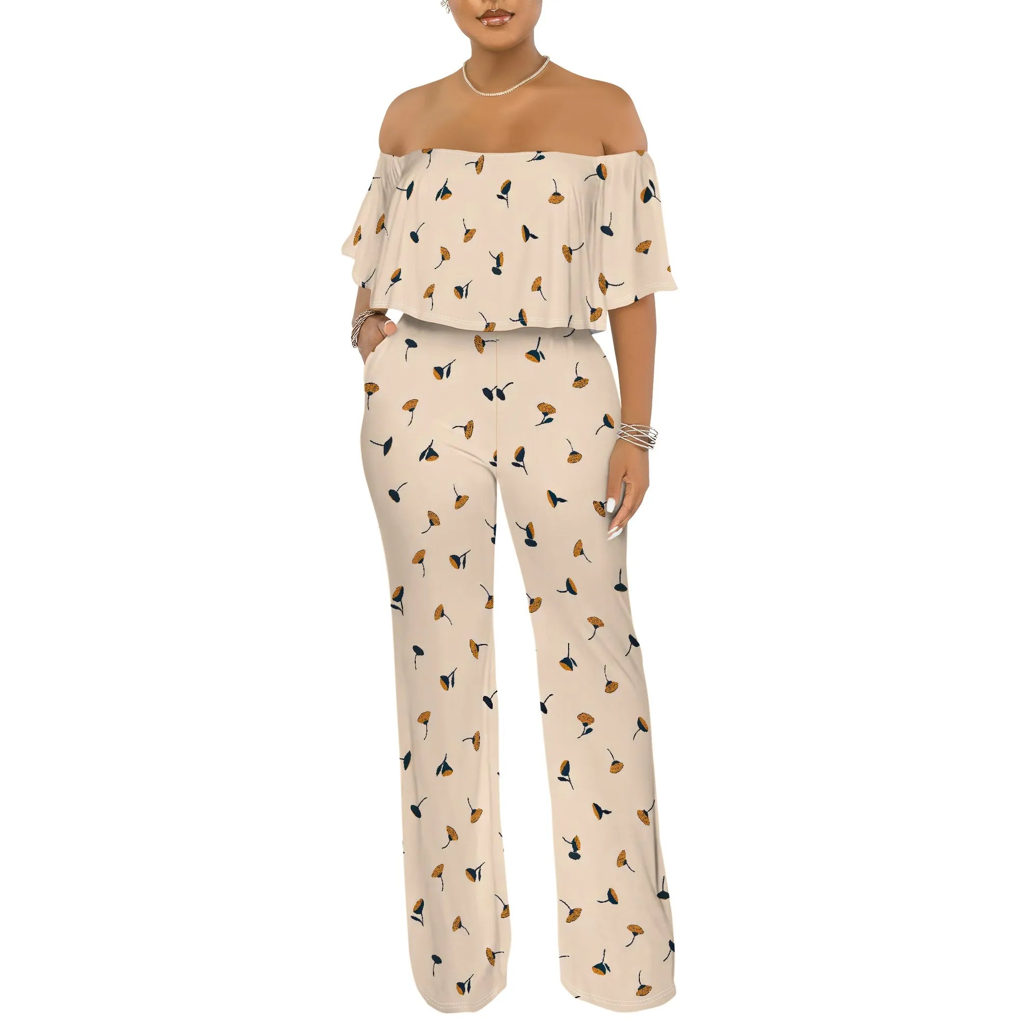 Off Shoulder Tube Top Ruffle Floral Print Jumpsuits for Women Wide Leg Pants Club Party Outfits Jumpsuit with Pockets