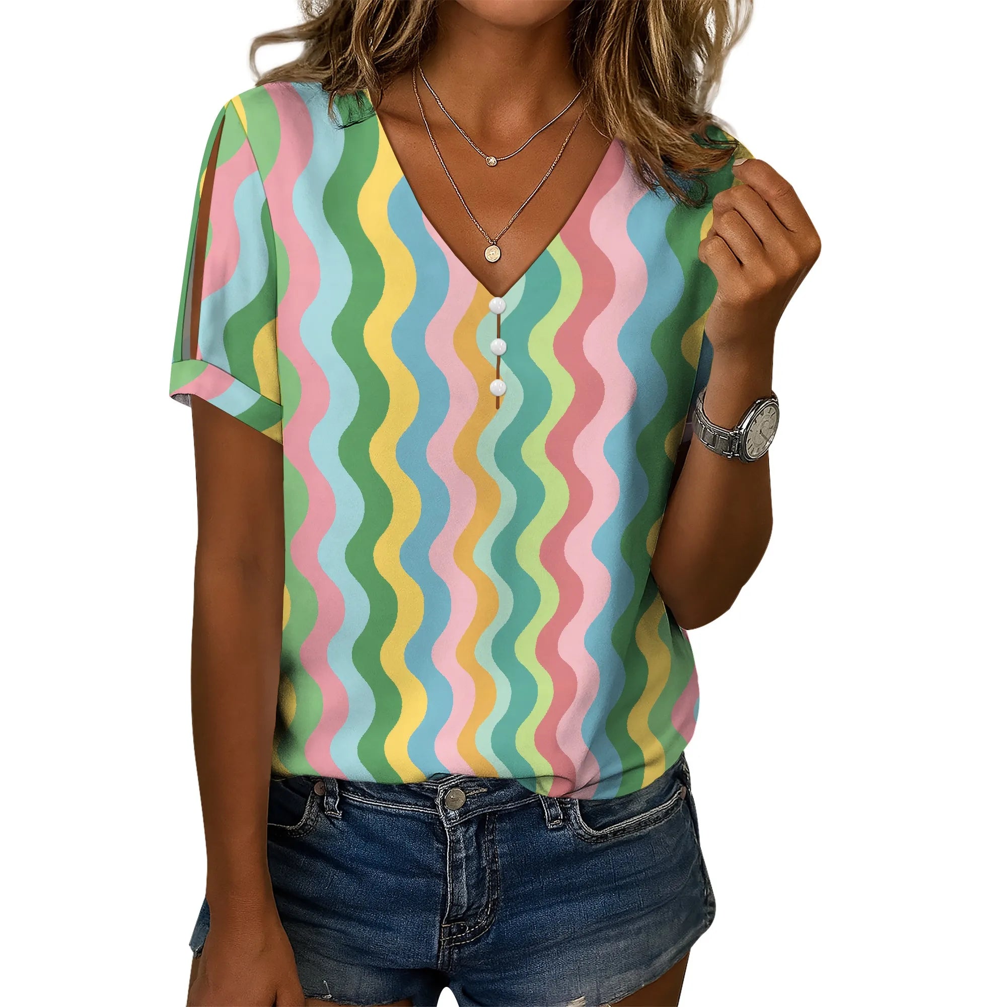 Cold Shoulder Casual Tops for Women Button Boho Floral Printed V-Neck Vintage Short Sleeve Summer T Shirts