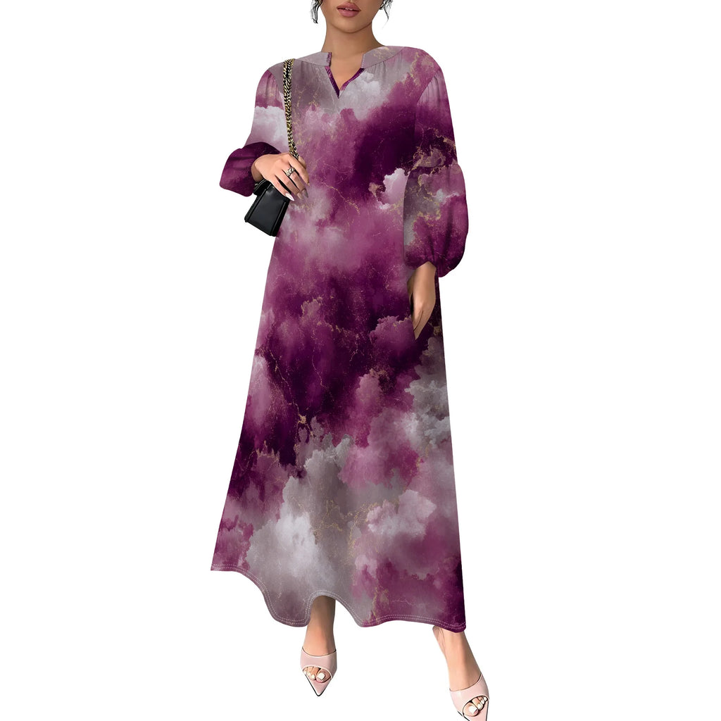Women's Summer Boho Floral Long Sleeve V-Neck Midi Dress Casual Loose Colorful Beach Vacation Dress with Pockets