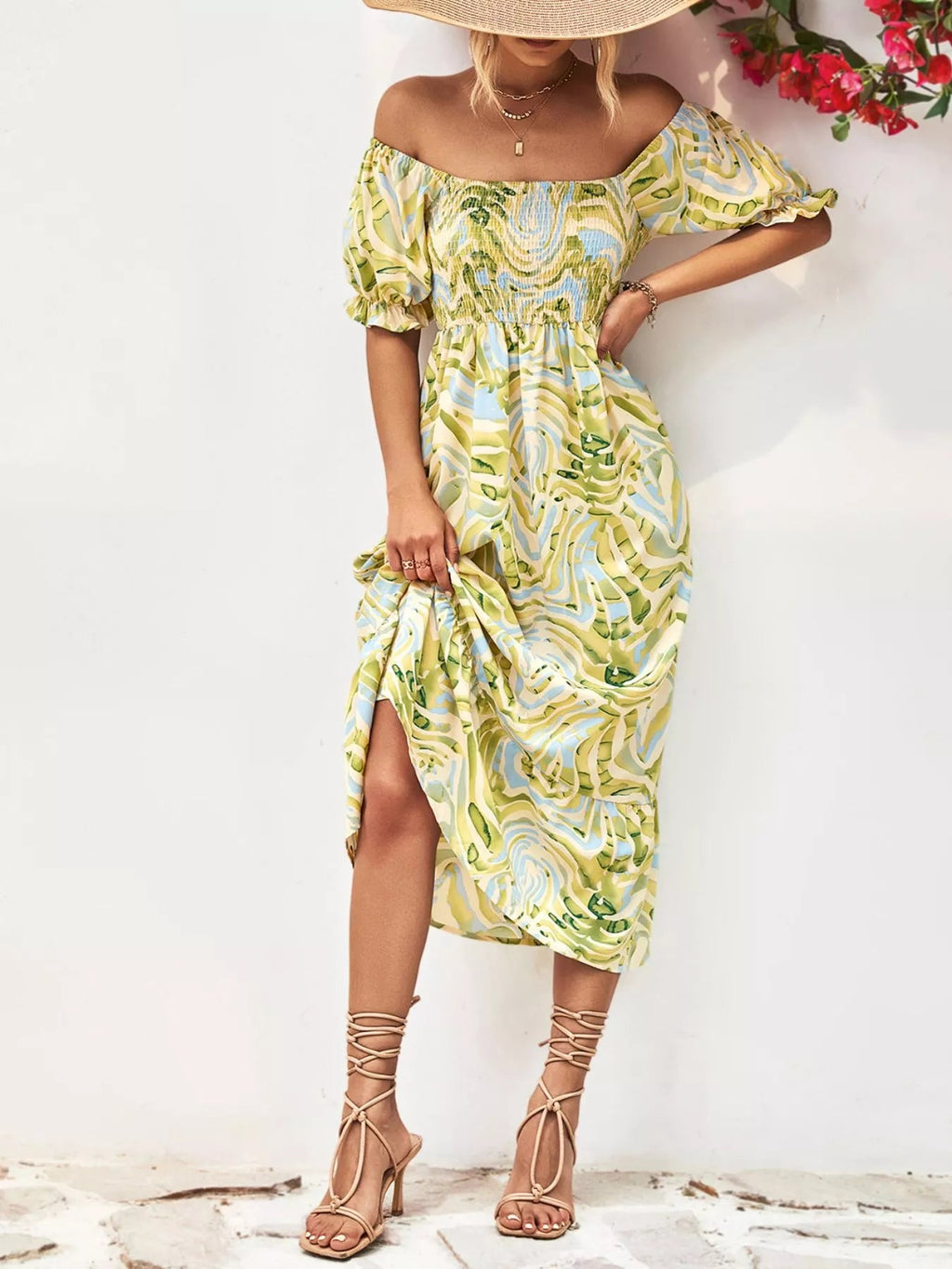 Smocked Printed Puff Sleeve : Midi Dress
