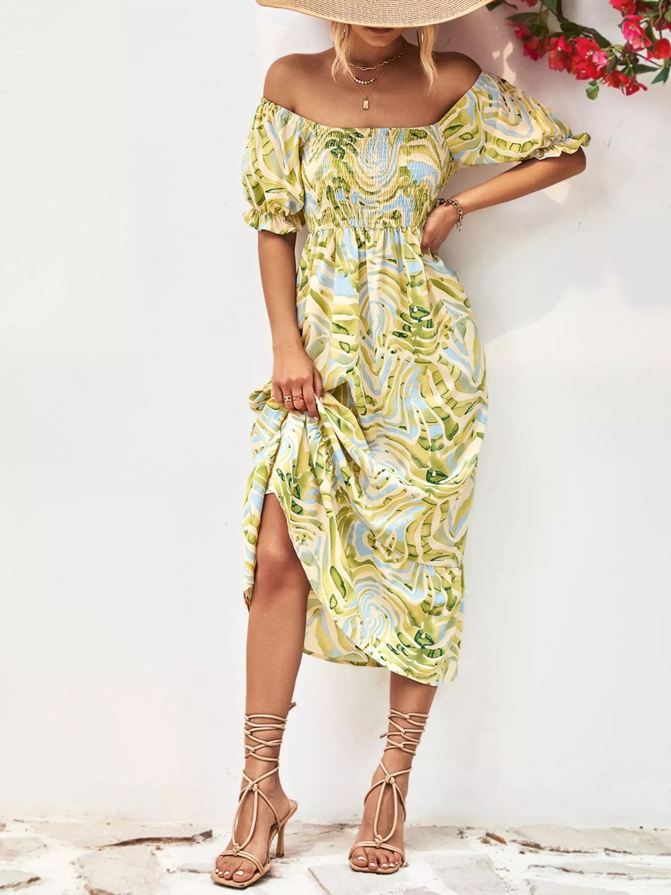 Smocked Printed Puff Sleeve : Midi Dress