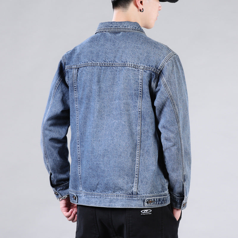 New men's Korean version solid color casual denim jacket for couples, lapel, plus size, same jacket
