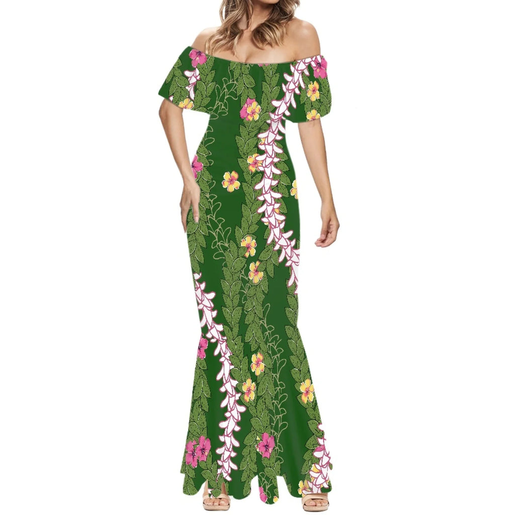 Elegante falda de cola de pez estilo Tonga con estampado floral hawaiano Puakenikeni polinesio premium 2025, hecha a medida. 